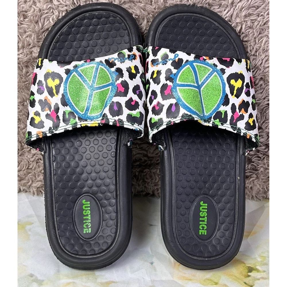 Justice Slides Shoe Size 3-4 Girls Kids Peace Sign Glitter Colorful Animal Print